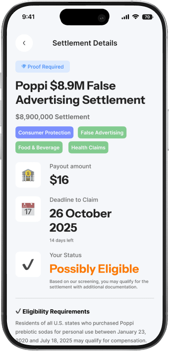 ClaimBee claim detail screen showing payout range and required proof