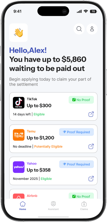 ClaimBee dashboard showing matched settlement opportunities with payout ranges